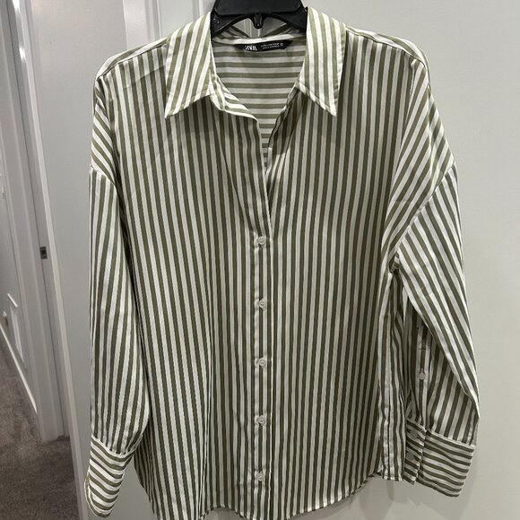 Zara Striped Green Button Down Medium - Picture 1 of 6